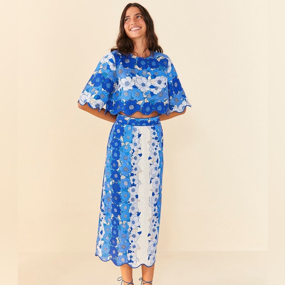 Farm Rio Blue Flower Stripes Top and Skirt Set